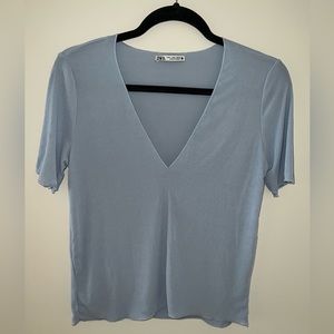 Zara Blue V-Neck Ribbed T-Shirt NWOT